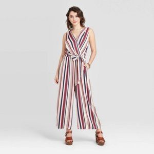 WOMEN BLACK & White Striped VNeck JumpSuit